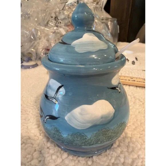 Youngs Inc Heartfelt Kitchen Creations Seagull Cloud Ceramic Jam Jar with Spoon