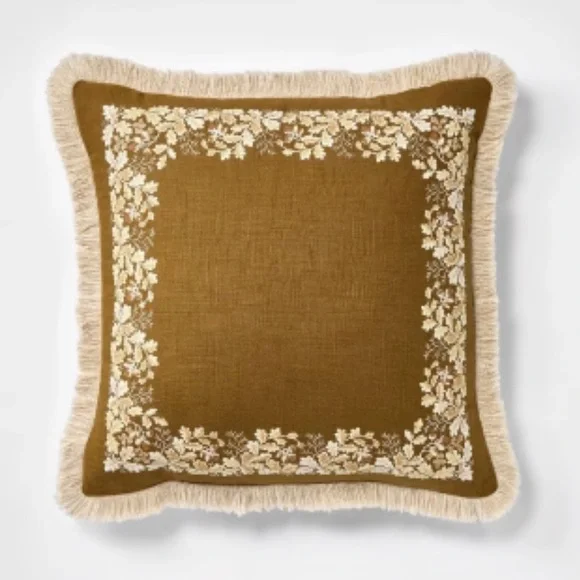 NEW Threshold Olive Oak Leaf Printed Square Pillow w/Fringe