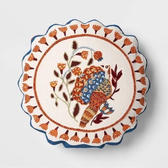 NEW Threshold 16” Round Beaded Turkey Pillow