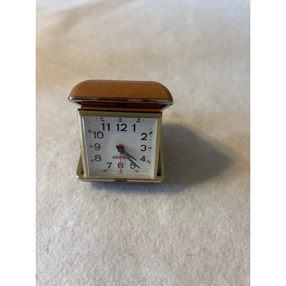 Digi-Tech Vintage Style Keywound Travel Alarm Clock Tan Folding Case Mechanical