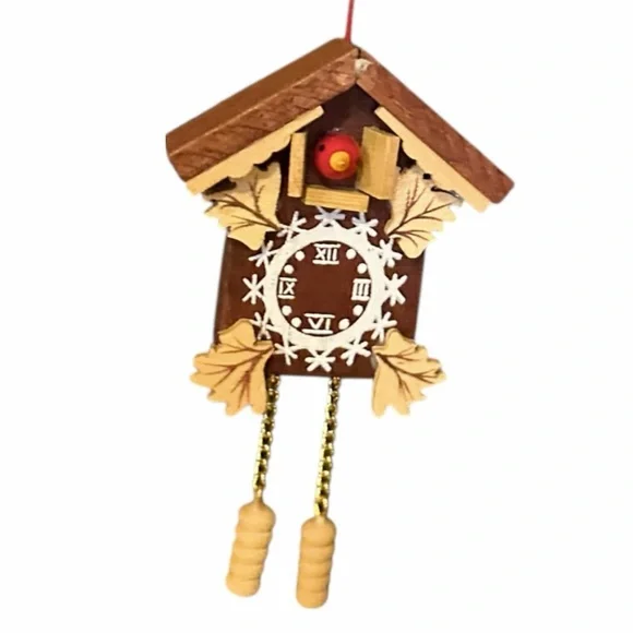 Vtg Cuckoo Coo Clock Christmas Tree Ornament 4” Wood Red Bird Gold German Style