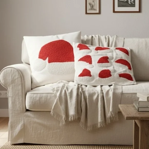 Set of 2 Tufted Santa Hat Pillow Covers Punch Needle Christmas Decor White & Red