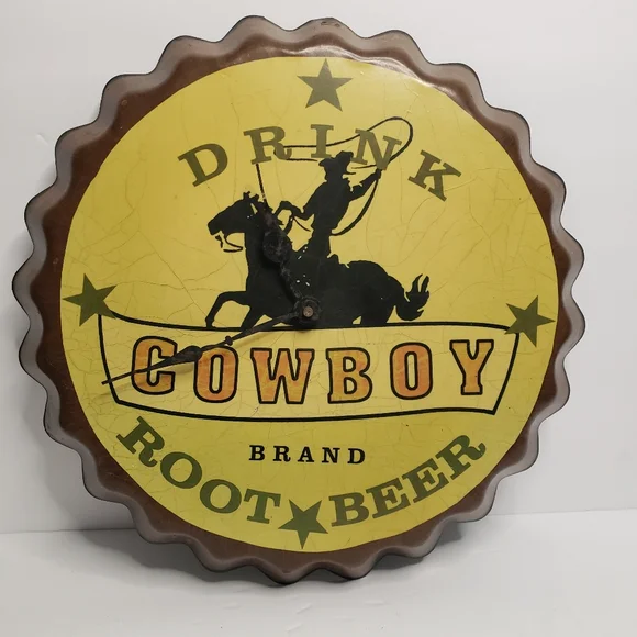 Metal Cowboy clock shaped like bottle cap. 191