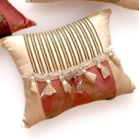 Boudoir Pillow Silk Tassel Handmade Beaded Toile Chateau Victorian Cottage 11x9