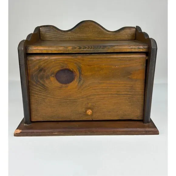 Vtg Hand Carved Wooden Bread Box Rustic Farmhouse Countertop Storage