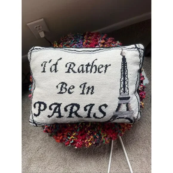 VTG Paris Needlepoint Pillow Eiffel Tower Velvet Back French Cottage Decor