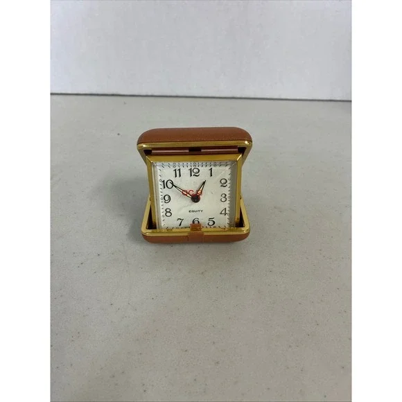 Vintage Equity Travel Alarm Clock Brown Faux Leather Folding Case Gold Tone MCM