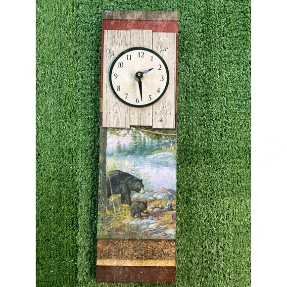 Rustic Wooden‎ Wall Clock Bear Cub Lodge Cabin Country Home Decor