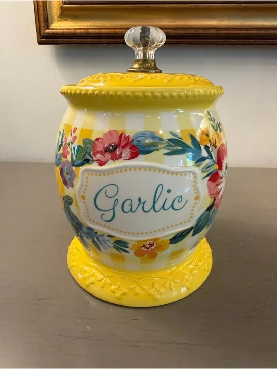 Pioneer Woman Sweet Romance Garlic Keeper Clear Knob Lid Ceramic Yellow Kitchen