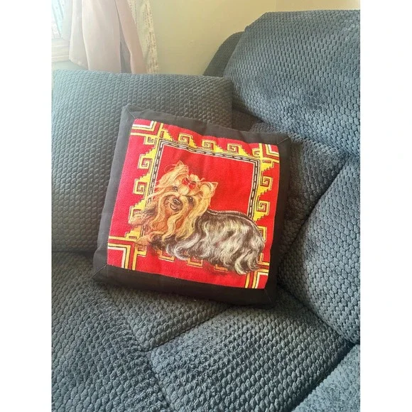 Vintage 1993 Yorkshire Terrier Yorkie Dog Portrait Decorative Throw Pillow Red