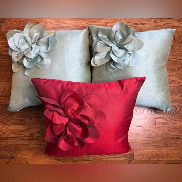 Raw Silk- Look Floral Accent Throw Pillows - Burgundy and Turquoise