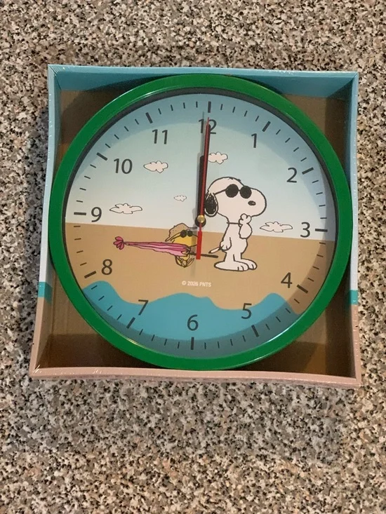Snoopy & Woodstock at the Beach Wall Clock - Green Frame