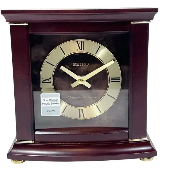 Seiko Dark Brown Wood Gold Mantel Clock Dual Chimes Westminster QXJ030B New