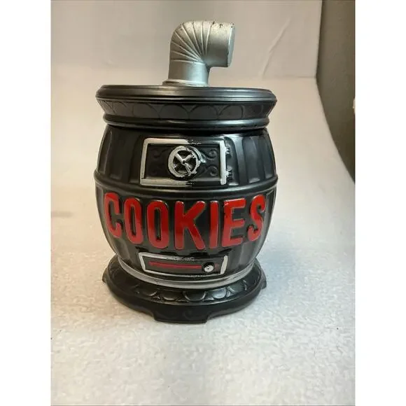 Black Pot Belly Stove Ceramic Cookie Jar c1960s Made in Japan 10.75