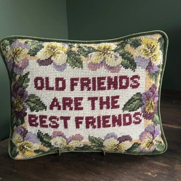 Vintage Needlepoint Pillow Old Friends Are The Best Friends Floral Pansy Velvet