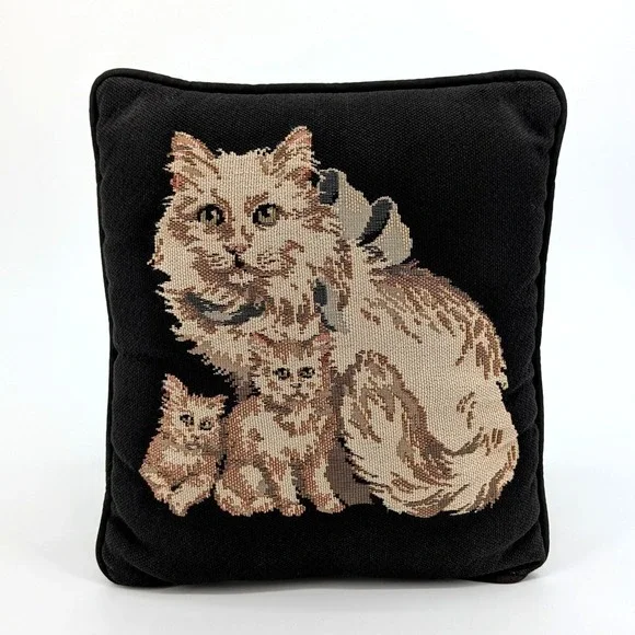Vintage‎ Woven Tapestry Cat and Kittens Throw Pillow Black Beige Square Accent
