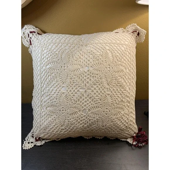 Vintage Crochet Lace Throw Pillow Cream Burgundy Ribbon Rosebuds Square 13x13