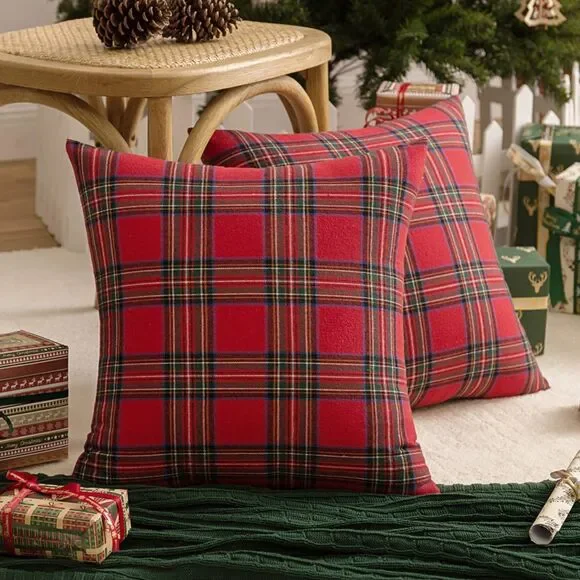 Red Plaid Decorative Throw Pillow Covers Scottish Tartan Cushion, 2 Pack