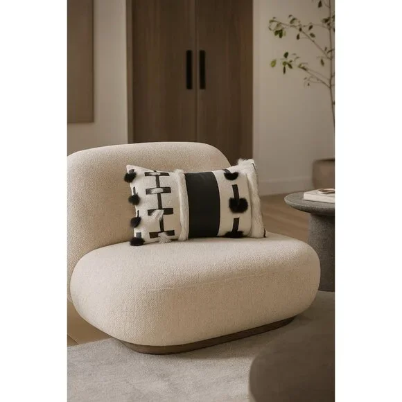 Modern Boho Pillow Cover 14x22 Real Rabbit Fur Leather Handmade USA Black White
