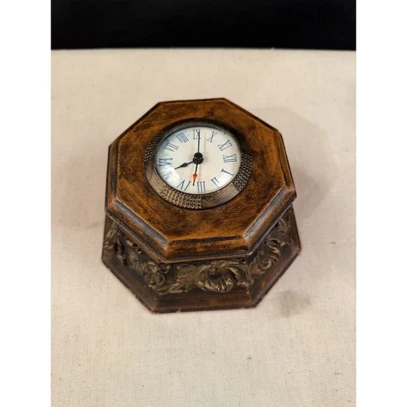 Vintage Wooden Clock Jewelry Box Octagon‎ Desk Table Clock Roman Numerals