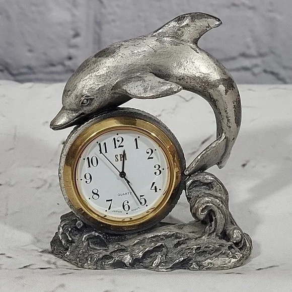 Vintage‎ Pewter Quartz Desk Clock Dolphin Figural Coastal Motif Flaw-Non Working