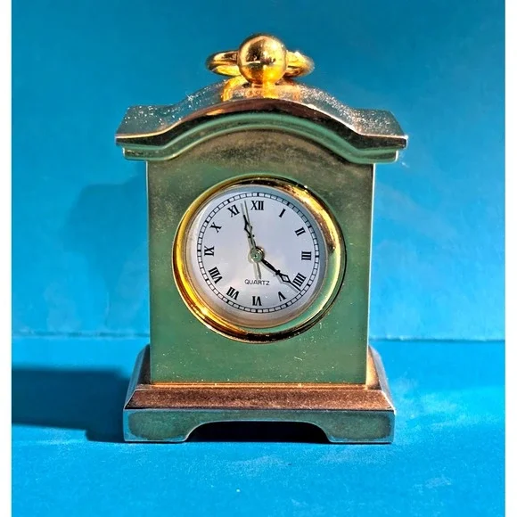 Vintage Mini Brass Quartz Mantel Desk Clock Roman Numerals Hong Kong Gold