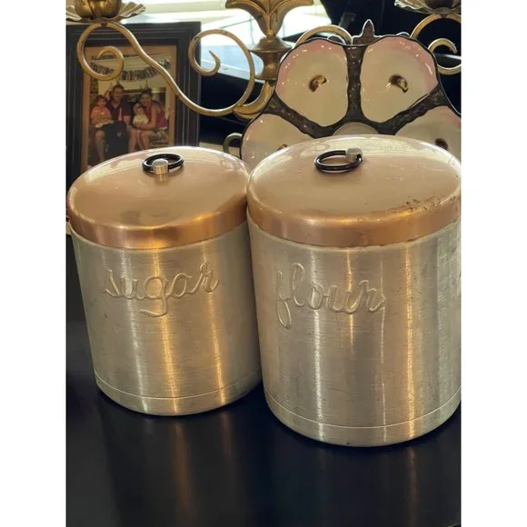 Heller Hostess Ware Aluminum Canisters PINK/PEACH LID FLOUR SUGAR PULL RING