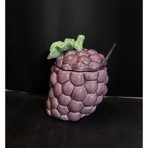 Ceramic Purple Grape Jam Sugar Jar With Lid Spoon Green Leaf Accent Vintage 80s