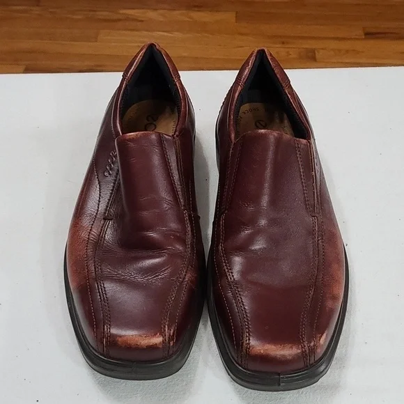 Ecco Mens Brown Leather?Casual Dress Shoes Slip-on Sz 46/12-12.5 GUC READ‎