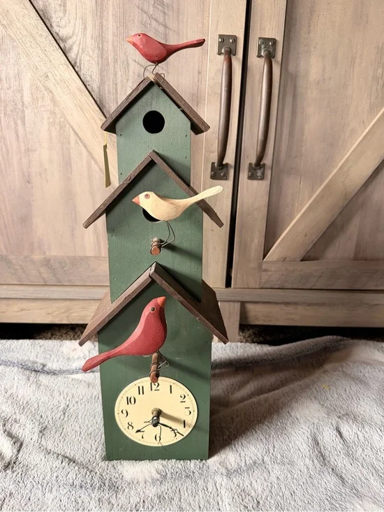 Decorative Green Birdhouse Wall Clock with Red & Cream Birds