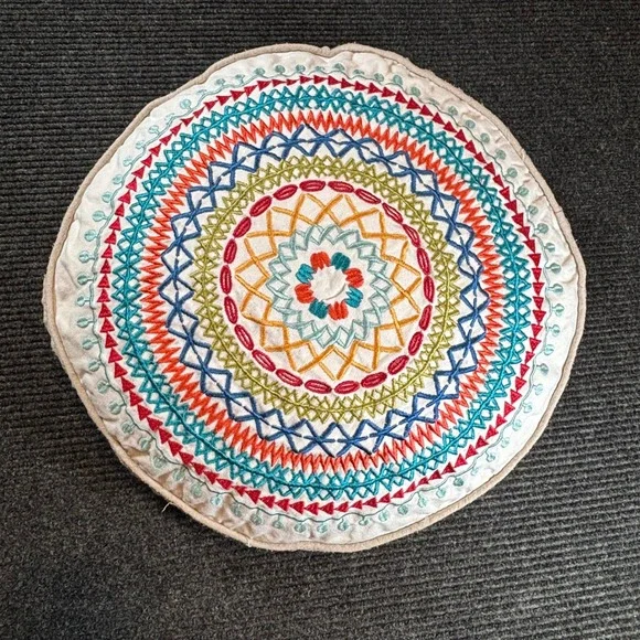 Boho Embroidered Round Mandala Throw Pillow Cream Multi Color 17 Inch Accent