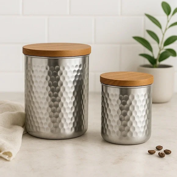 2 Piece Uncommon James Silver Hammered Canister Set w/Wood Lids 45oz & 25oz NEW