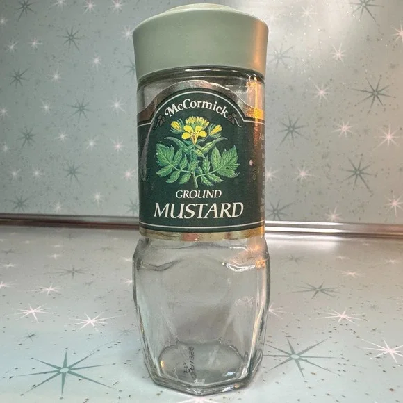 Vintage McCormick Ground Mustard Jar Green Label Glass Spice Bottle Cottagecore
