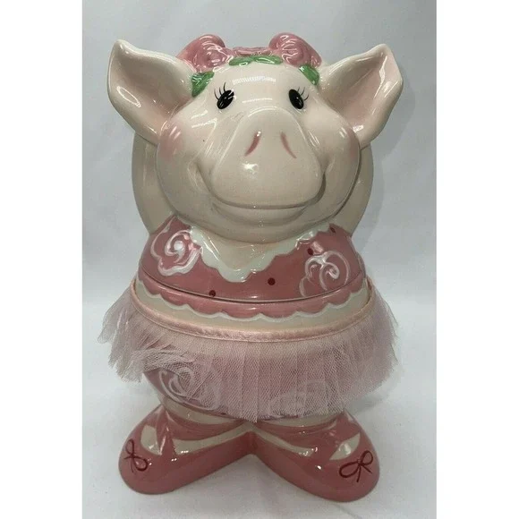 Vintage Ballerina Dancing Pink Pig with Tutu Ceramic Cookie Jar 11.5