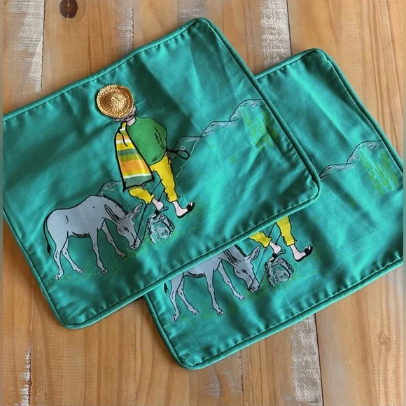 2 Green Vintage Pillow Covers Whimsical Kitschy Donkey Straw Hat New w/tags NOS