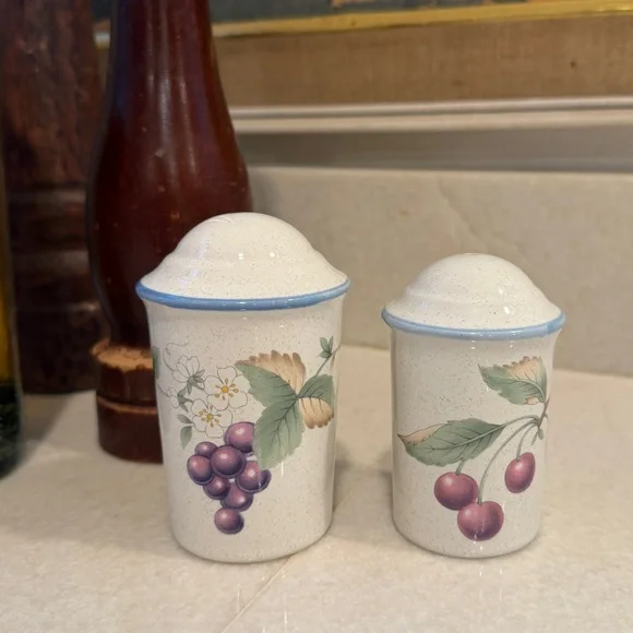 Vintage Savor Vivre ceramic salt and pepper shakers with fruit motif