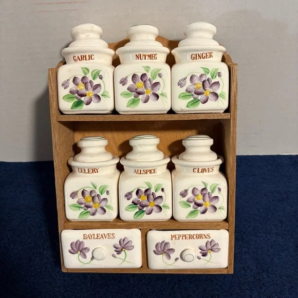 Vintage 8 Pc Ceramic Hand-Painted Floral Spice Container & Cubby Wood Rack Japan