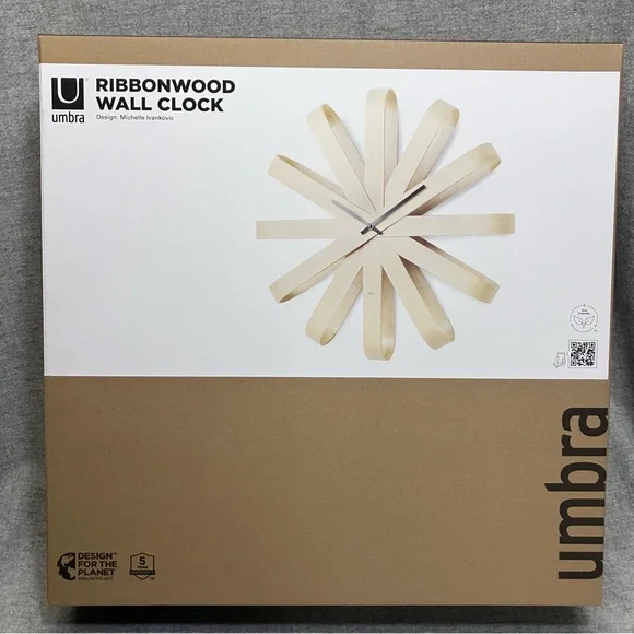 Umbra Ribbonwood Modern Wall Clock Natural Wood Color Silent Quartz Movement NIB