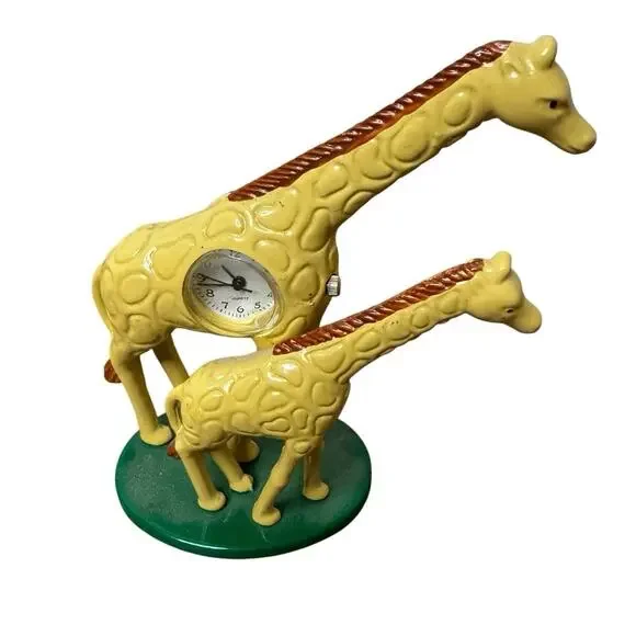 Vintage Miniature Desk Clock Quartz Giraffes Parent Child Mother Kid Baby Cute