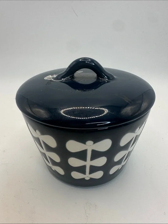 Blue and White Ceramic Lidded Canister with Modern Leaf Motif