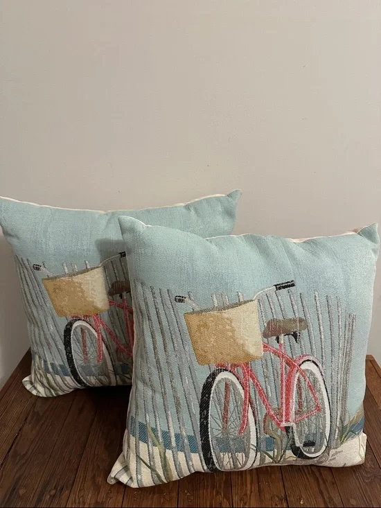Coastal Bicycle Accent Pillow Pair in Light Blue