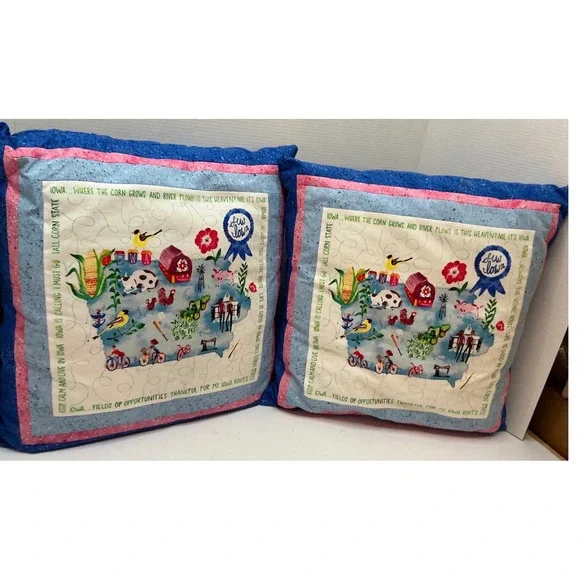 Vintage Iowa State Map Quilted Throw Pillows Set of 2 Blue Pink 16x16