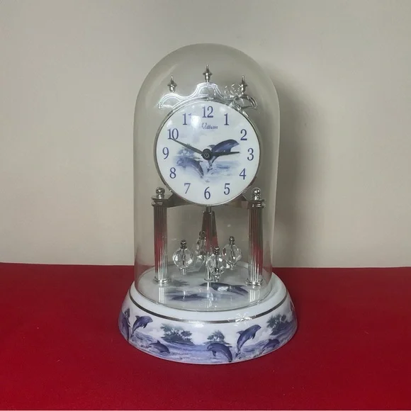 Waltham Dolphin Anniversary Clock Under Glass Dome Spinning Pendulum Working