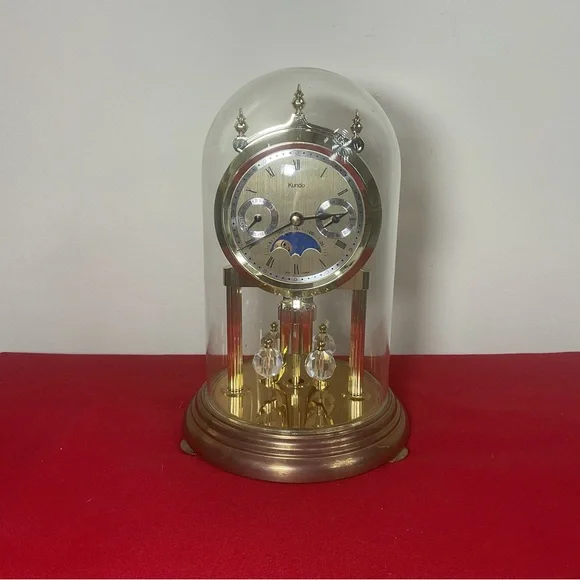 Kundo Anniversary Clock with Moonphase Dial & Quartz Movement Glass Dome, W Germ