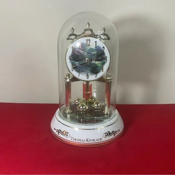 Thomas Kinkade Morning Glory Cottage Clock Glass Dome Spinning Pendulum Working.