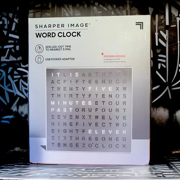 Sharper Image NIB Compact Silver Modern Design Word Clock USB Power Adapter