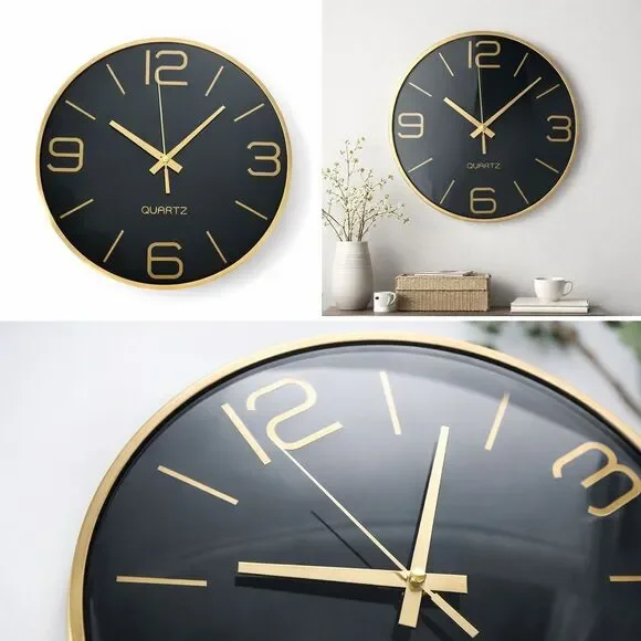 NIB Modern Black & Gold Quartz Wall Clock 12” Round Sleek Contemporary Decor