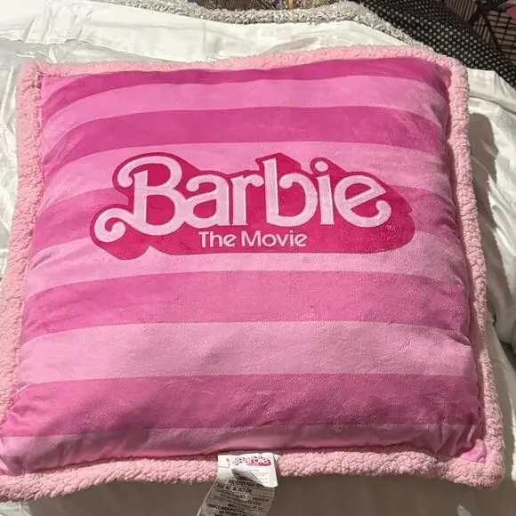 Barbie 24”x24” Pink Striped Pillow fleece under side euc like new soft fluffy