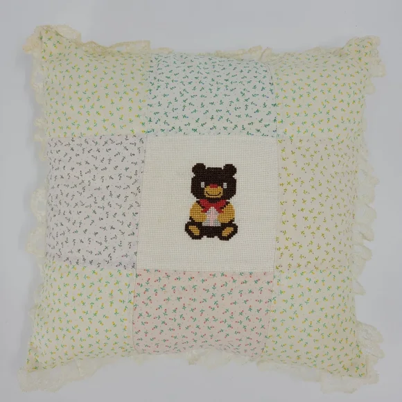 Handmade Vintage Quilted Cross Stitch Pillow Floral Teddy Bear Lace 12X12