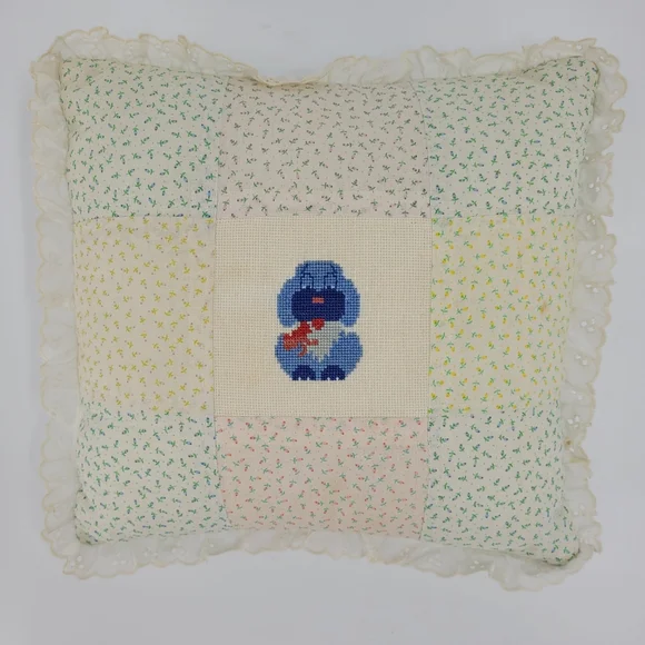 Handmade Vintage Quilted Cross Stitch Pillow Floral Dog Puppy Lace Grandma